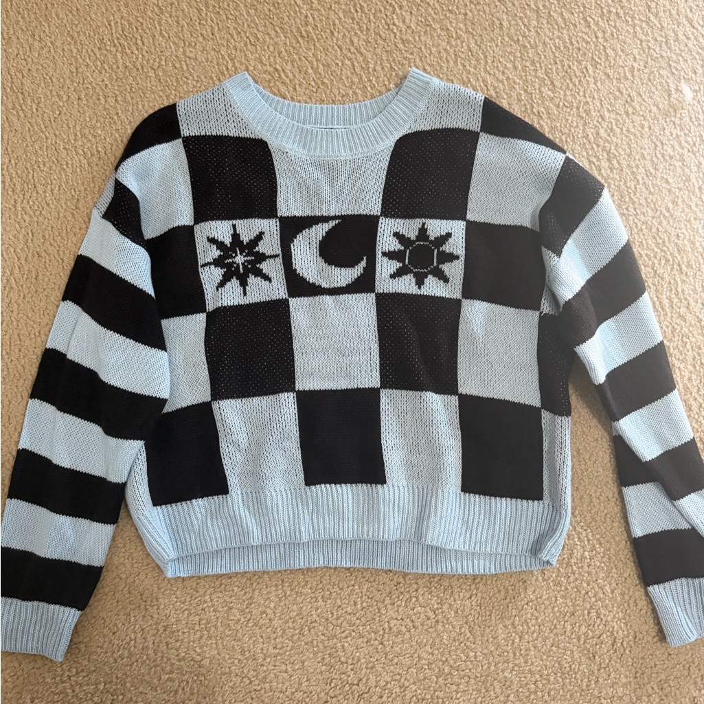No Boundaries Sky Blue & Black Checkered Moon & Sun Crew Sweater